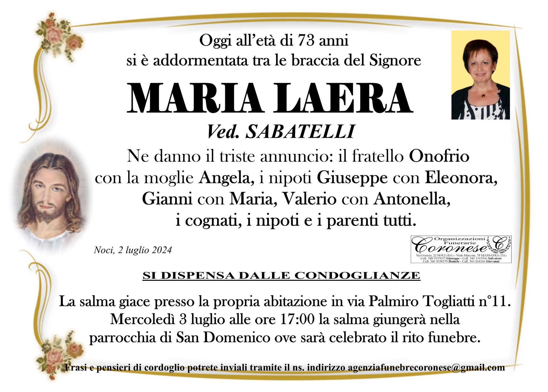 necrologio MARIA LAERA Ved. Sabatelli