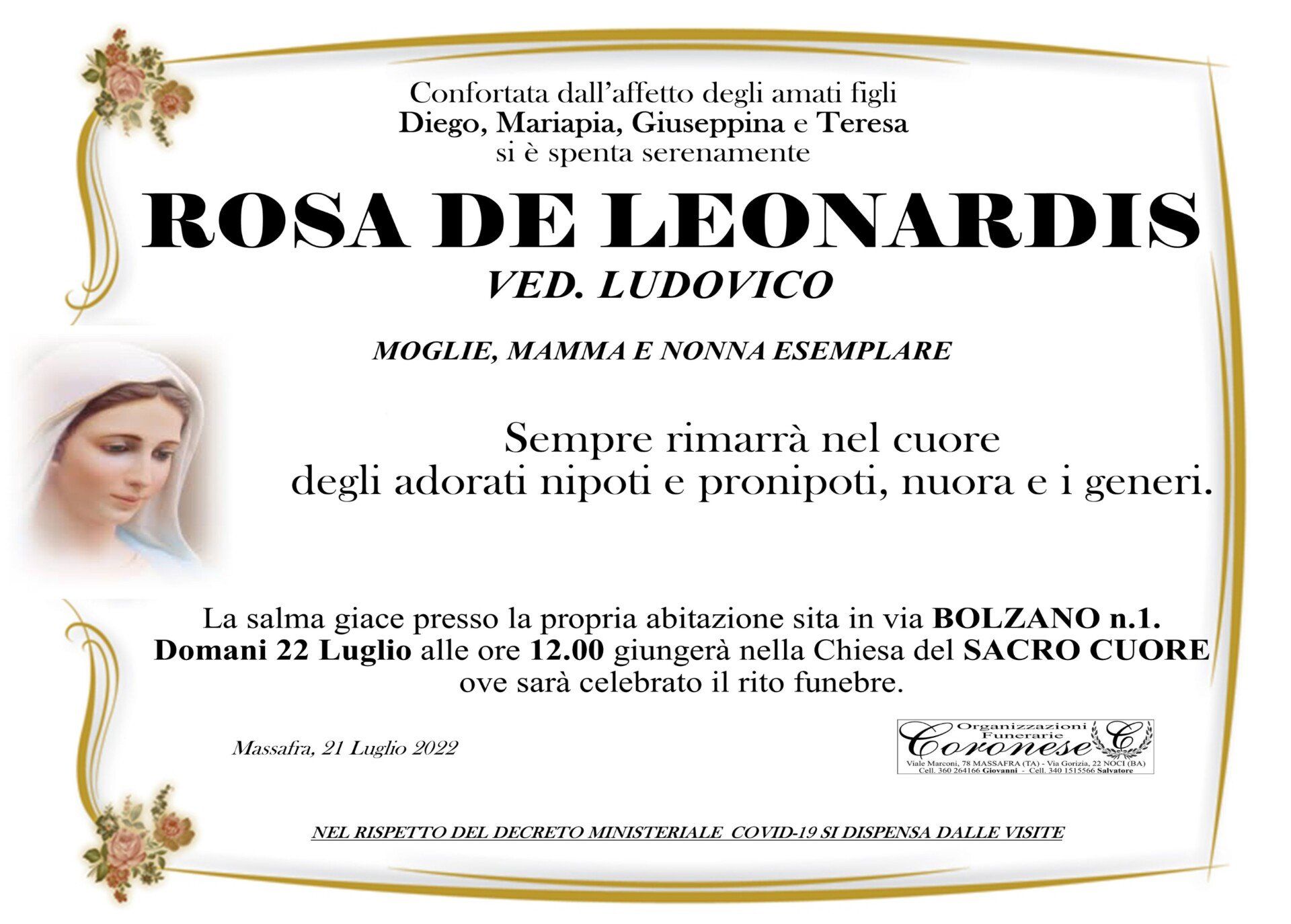 necrologio ROSA DE LEONARDIS Ved. Ludovico