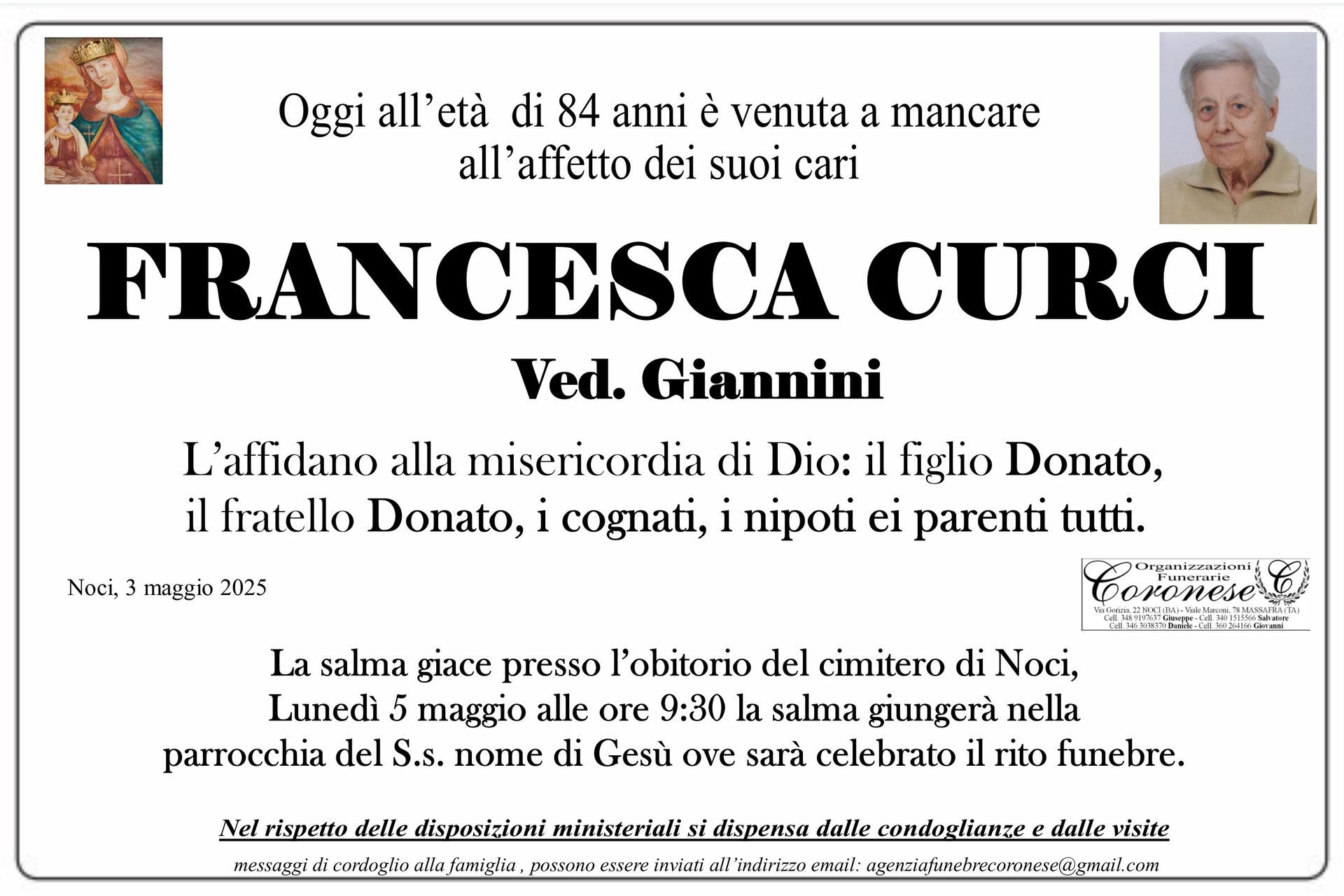 necrologio FRANCESCA CURCI Ved. Giannini