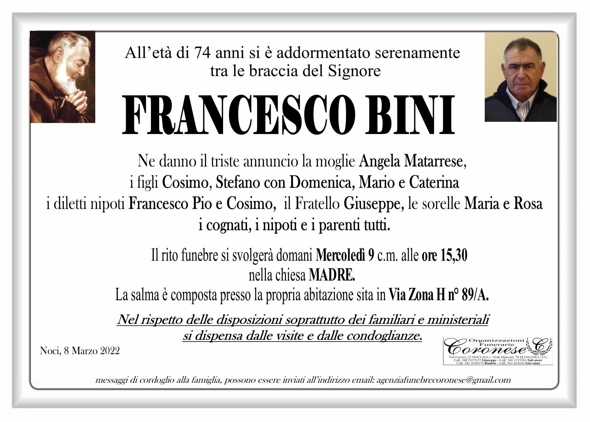 necrologio FRANCESCO BINI