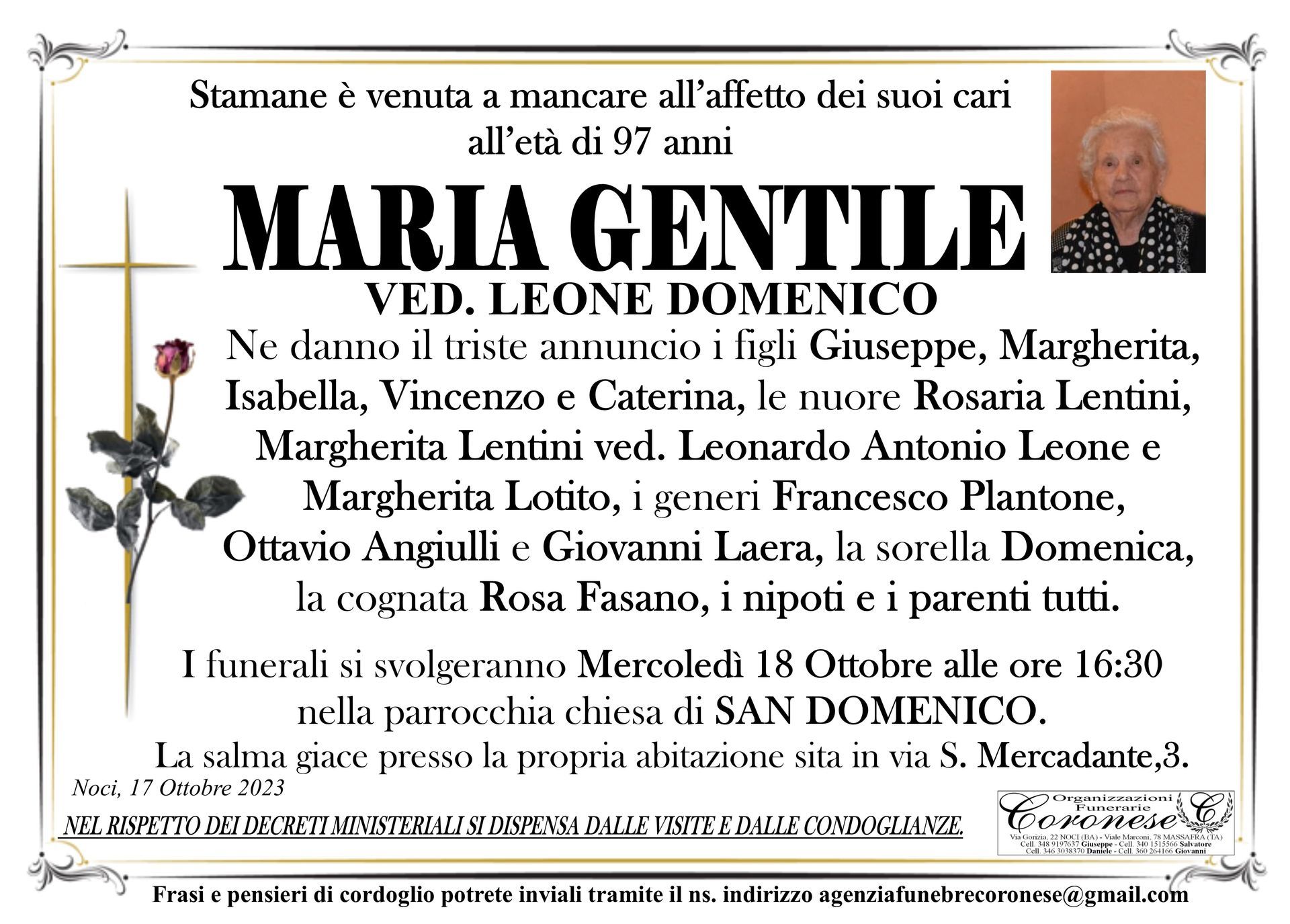 necrologio MARIA GENTILE Ved. Leone Domenico
