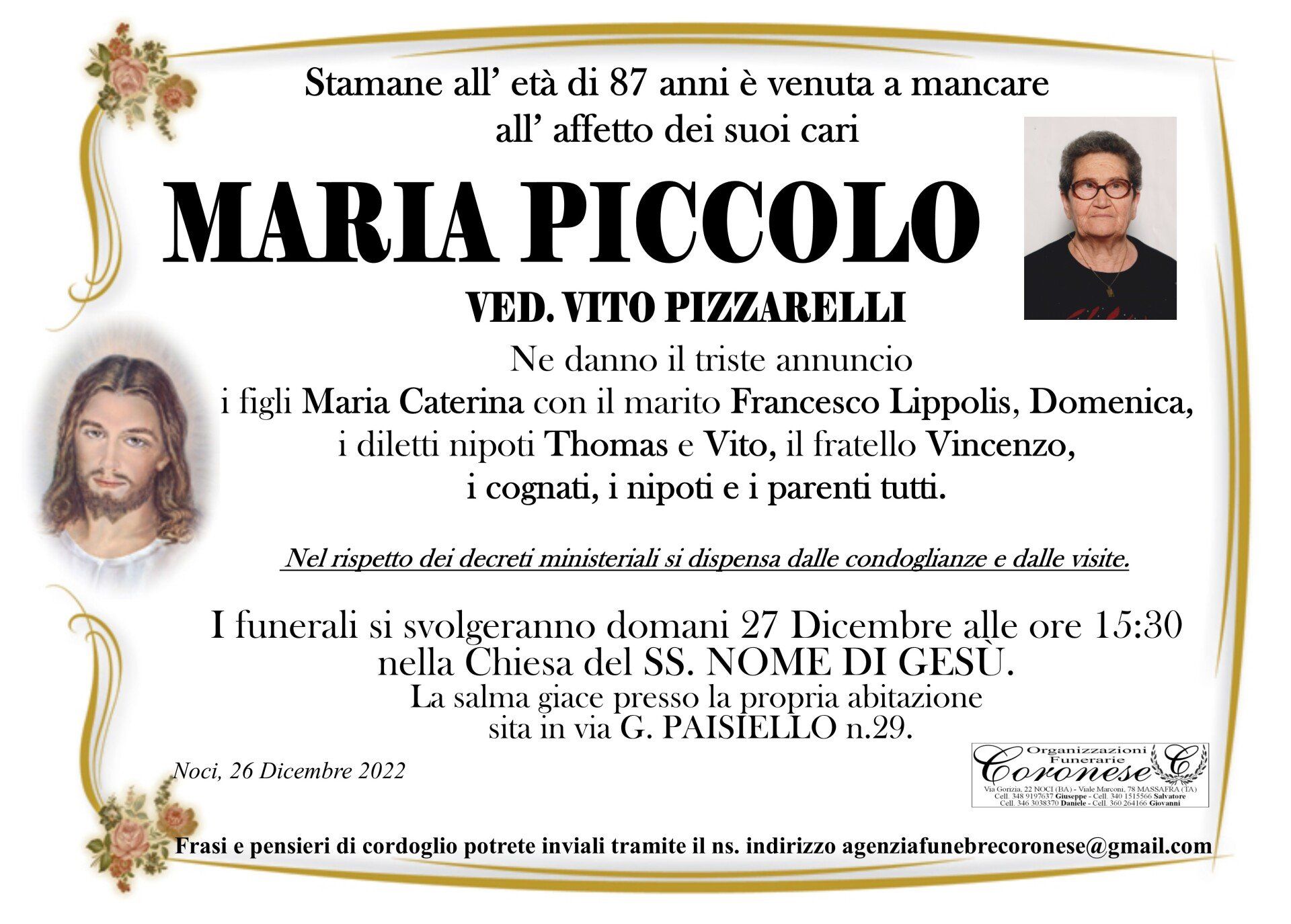 necrologio MARIA PICCOLO Ved. Vito Pizzarelli