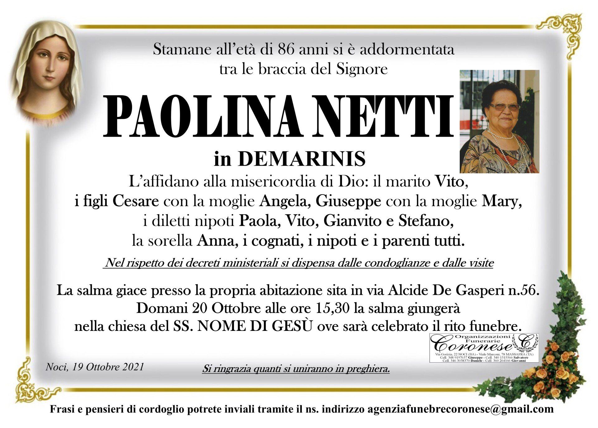 necrologio PAOLINA NETTI  In DEMARINIS