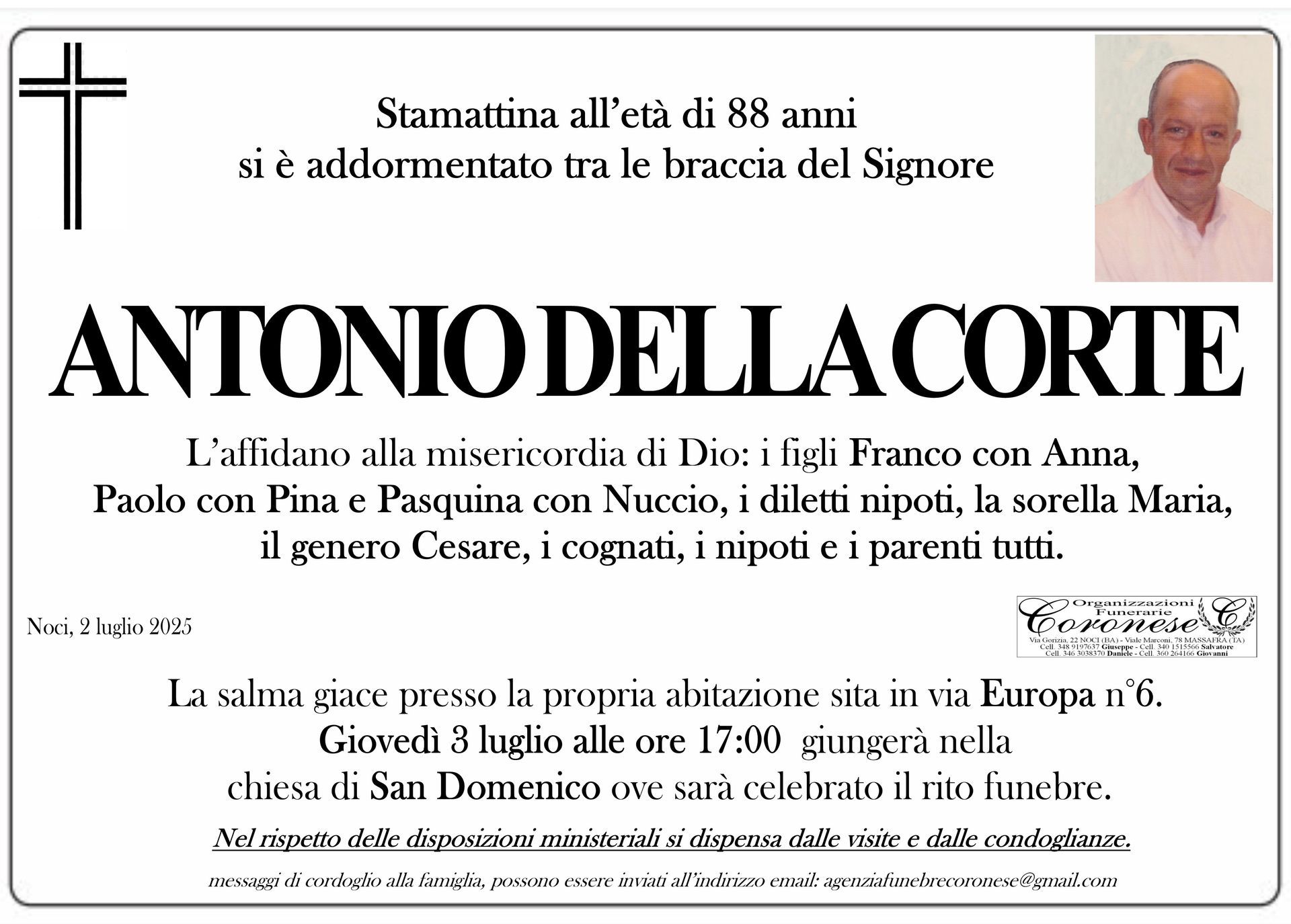 necrologio  ANTONIO DELLA CORTE
