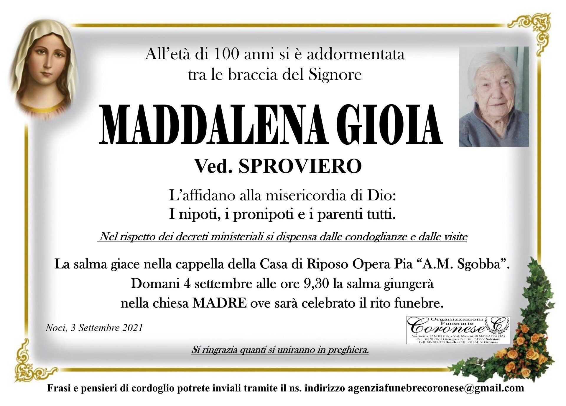 necrologio Maddalena Gioia