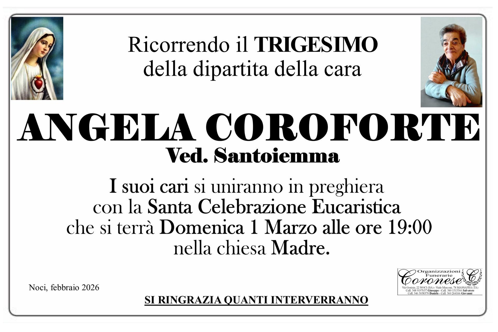 necrologio ANGELA COROFORTE Ved. Santoiemma