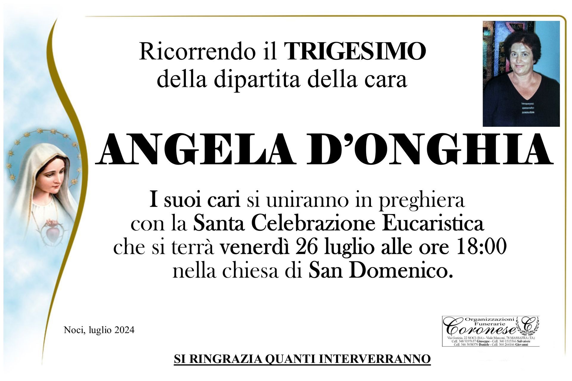 necrologio ANGELA D'ONGHIA