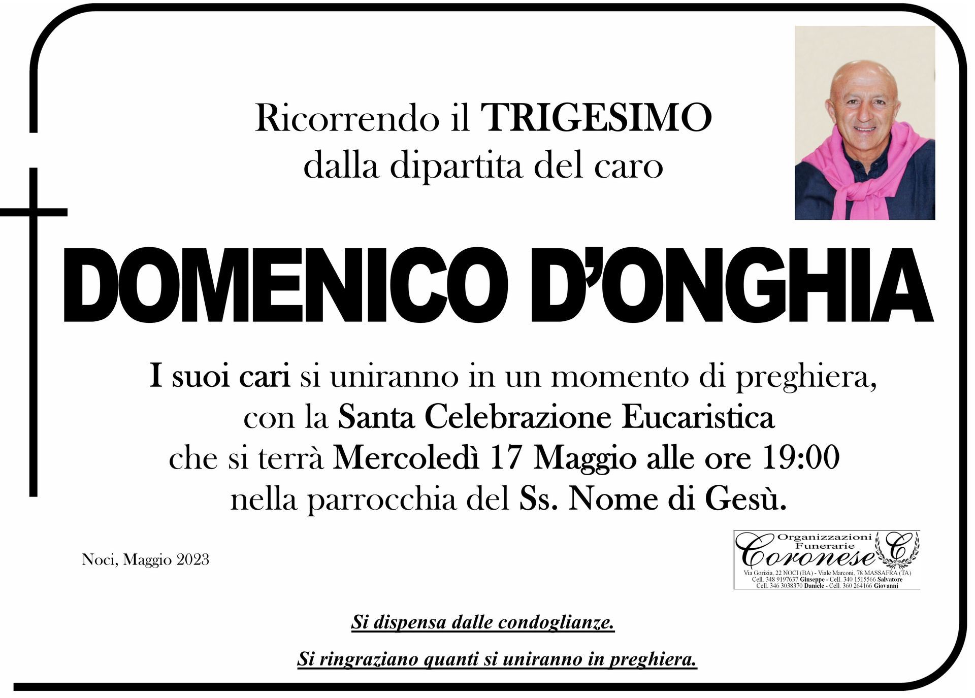necrologio DOMENICO D'ONGHIA