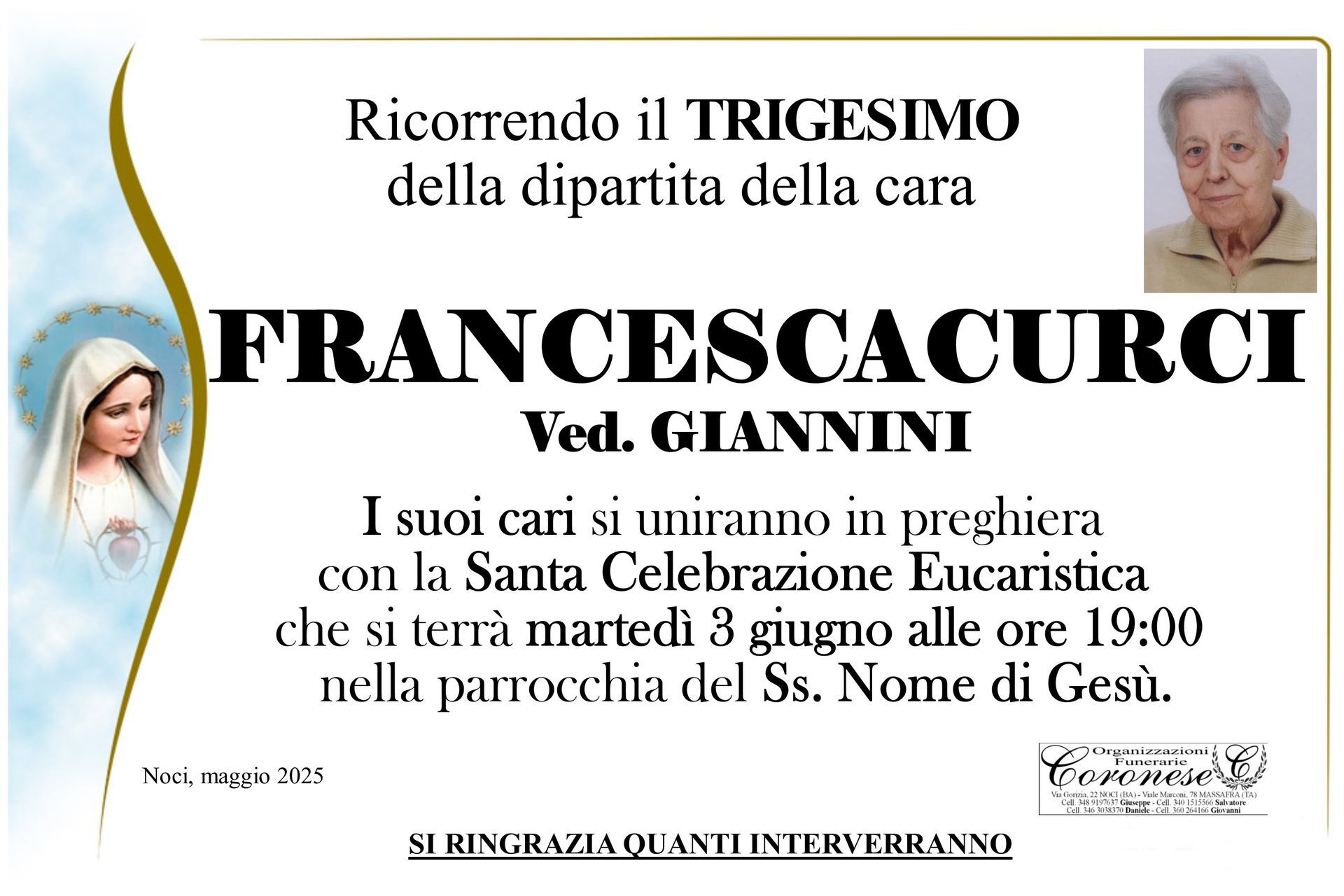 necrologio FRANCESCA CURCI Ved. Giannini