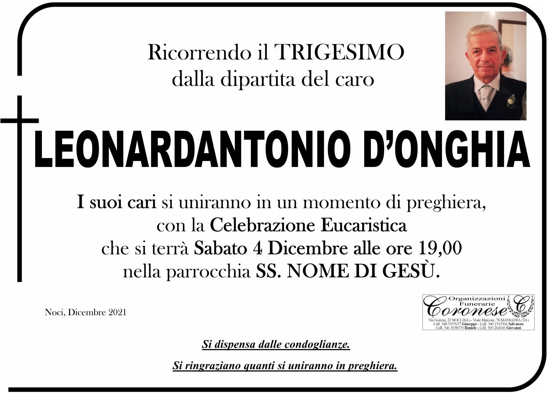 necrologio Leonardantonio D'Onghia