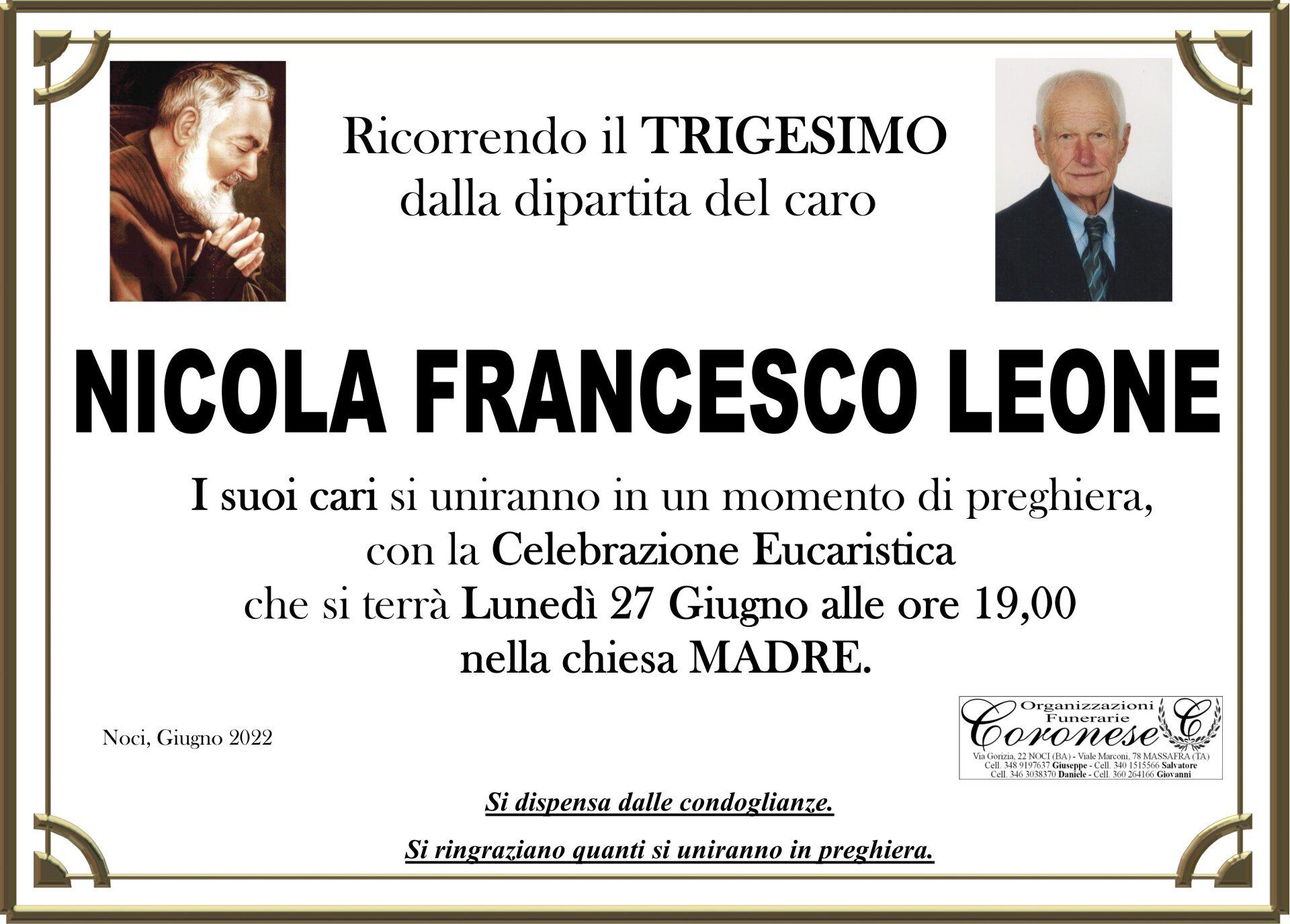 necrologio NICOLA FRANCESCO LEONE