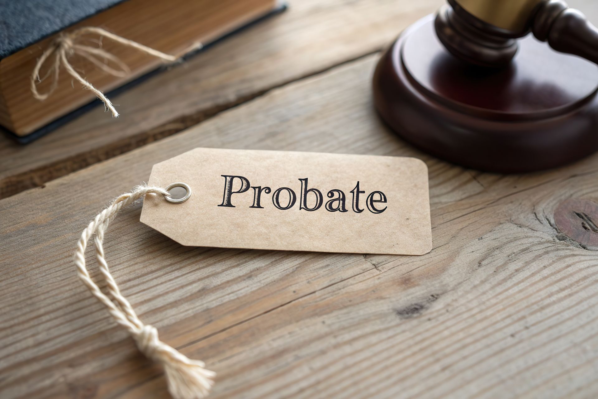 Probate document tag on wooden table with judge gavel and book.