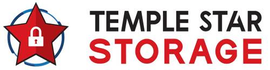 Logo for Temple Star Storage featuring a red star with a white padlock icon inside, next to black and red text.