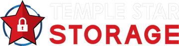 Logo for Temple Star Storage featuring a red star with a white padlock icon inside a blue circle next to the company name.