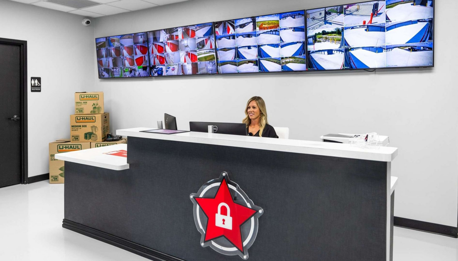 Security monitoring wall with 57 cameras at Temple Star Storage