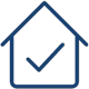A dark blue line icon of a simple house shape containing a checkmark in the center.