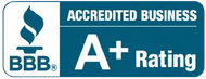 A blue sign that says accredited business a+ rating