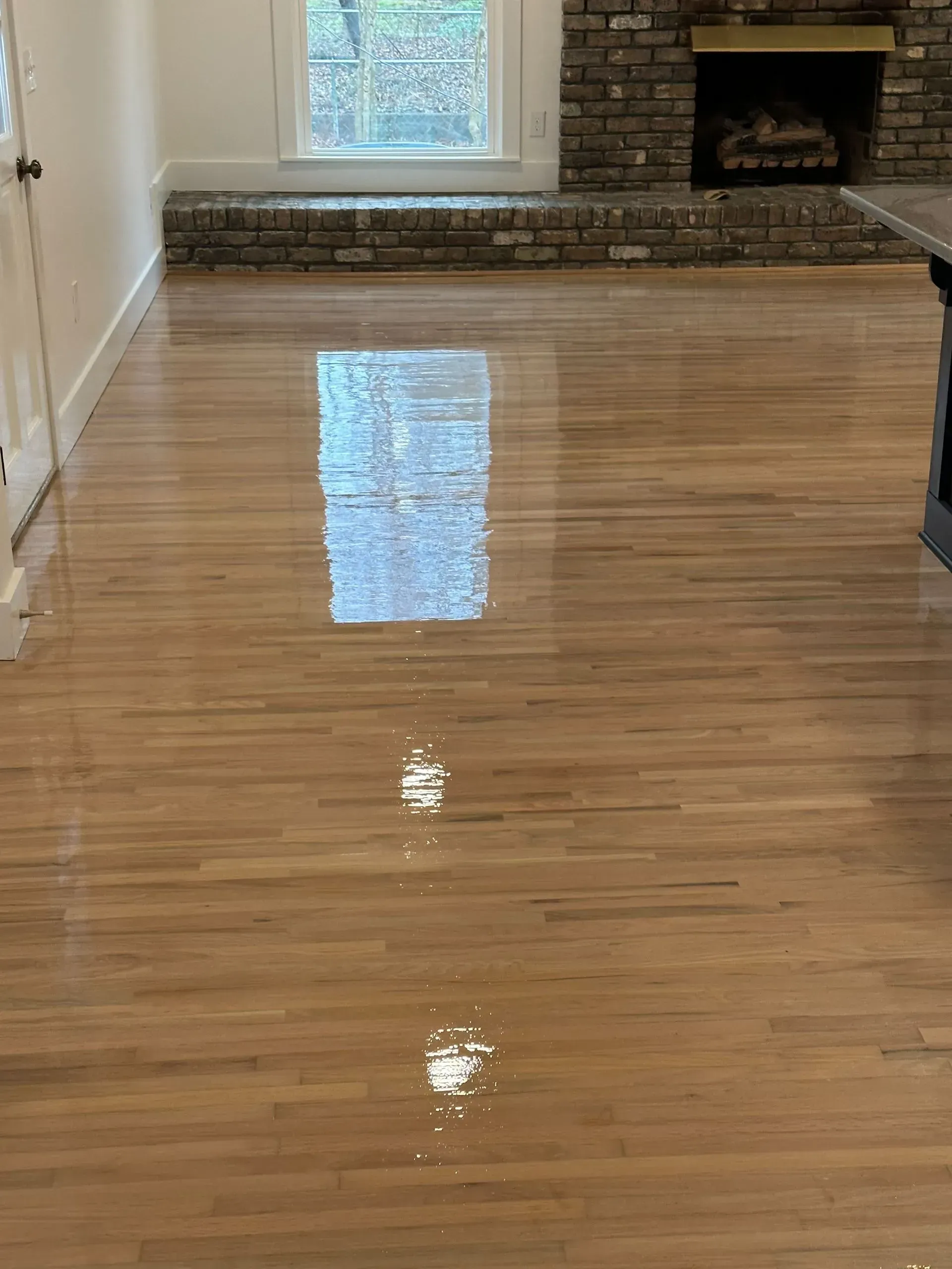 A living room with hardwood floors and a fireplace.