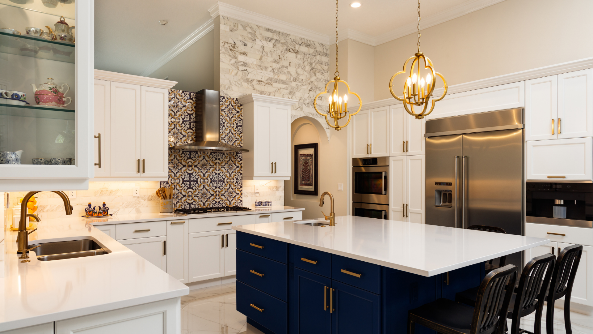 A kitchen with a sink and a clock on the wall