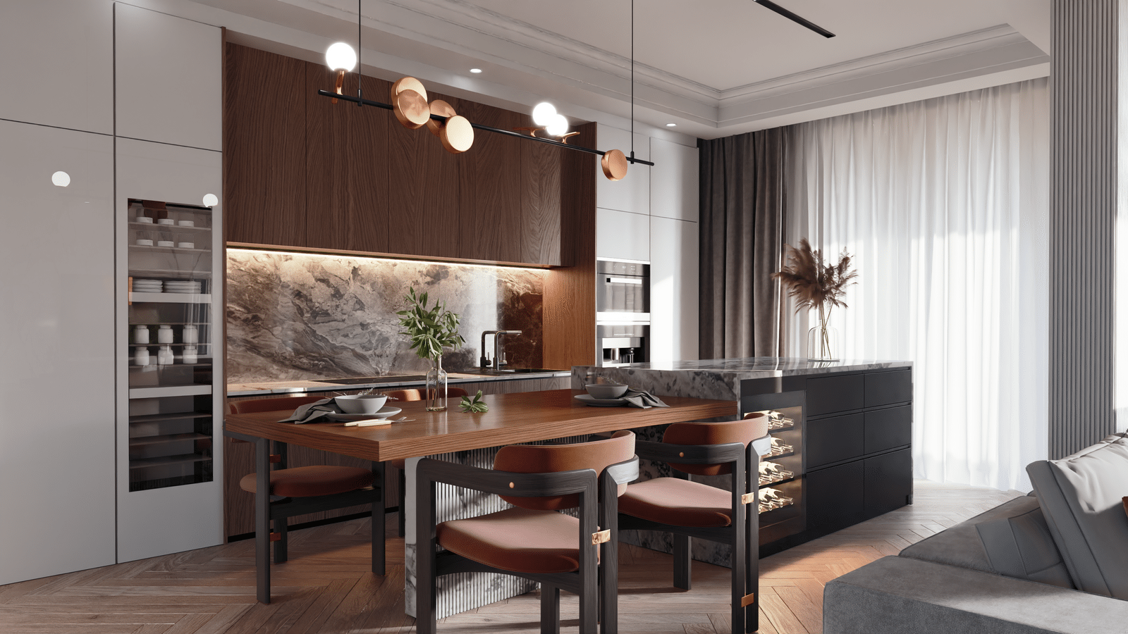 Modern kitchen with wooden cabinets, marble backsplash, and a dark island. Dining table with chairs.