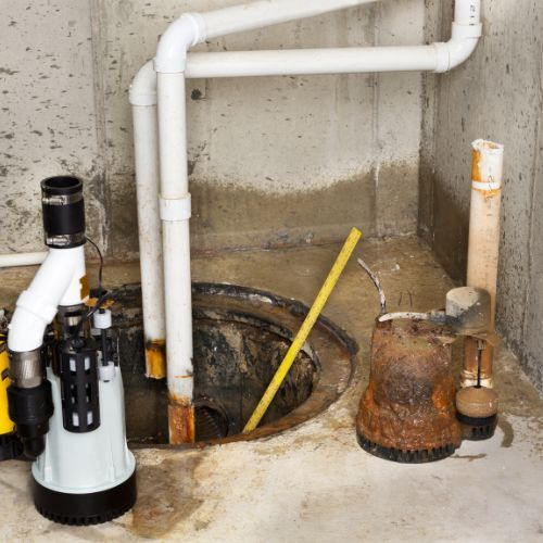 A pump is sitting next to a drain in a basement.