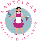 Logo del servizio di pulizie LadyClean: donna in abito da cameriera rosa e bianco che tiene in mano gli strumenti per la pulizia, circondata da testo e brillantini.
