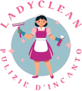 Logo del servizio di pulizie LadyClean: donna in abito da cameriera rosa e bianco che tiene in mano gli strumenti per la pulizia, circondata da testo e brillantini.