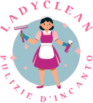 Logo del servizio di pulizie LadyClean: donna in abito da cameriera rosa e bianco che tiene in mano gli strumenti per la pulizia, circondata da testo e brillantini.