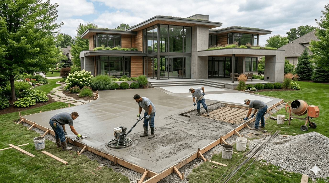 A person applies sealant to a concrete sidewalk with a squeegee, near a blue bucket.  Daytime, outdoors, residential setting.