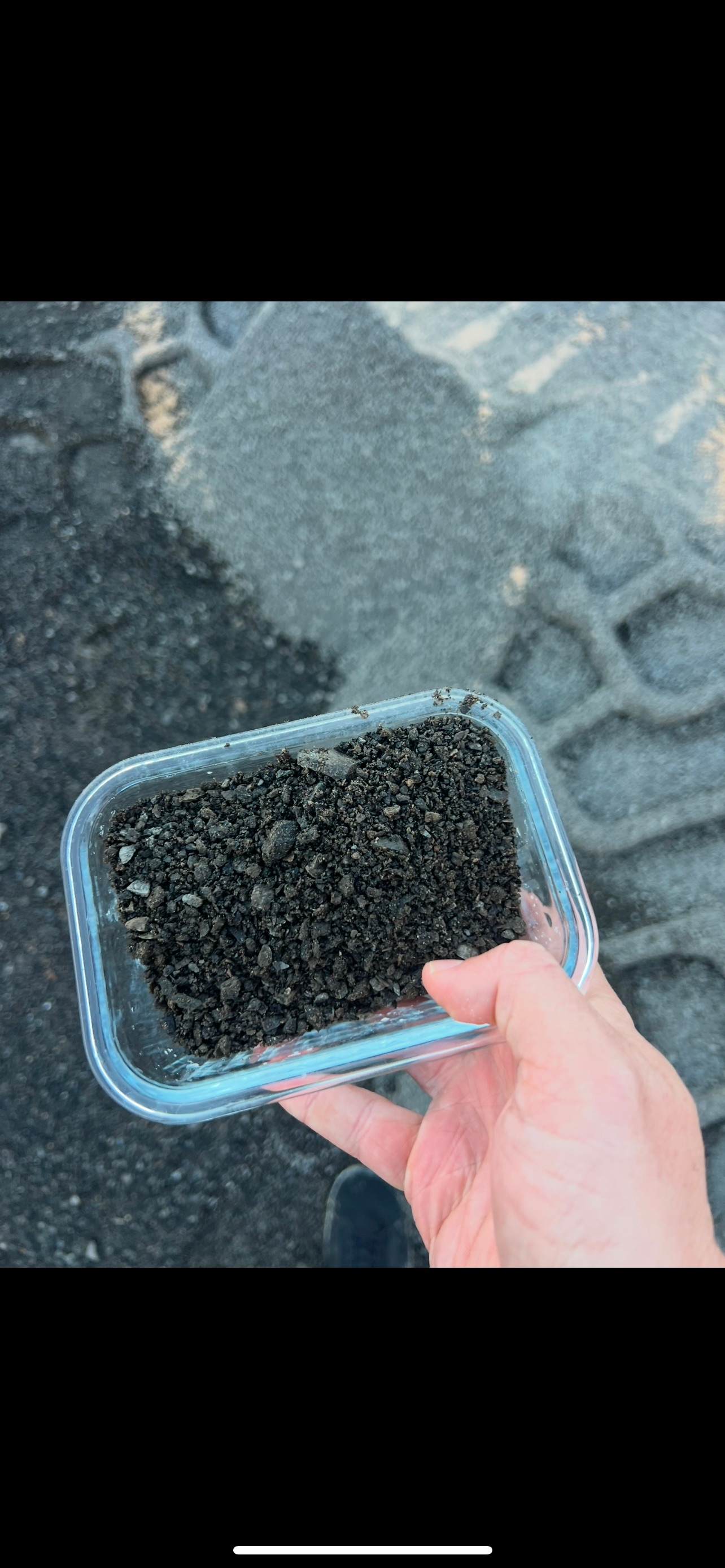 A person is holding a container of dirt in their hand.