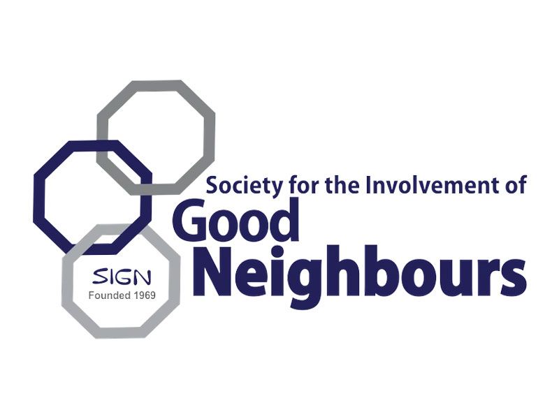 Logo for Society for the Involvement of Good Neighbours, with blue and gray linked octagons and a sign