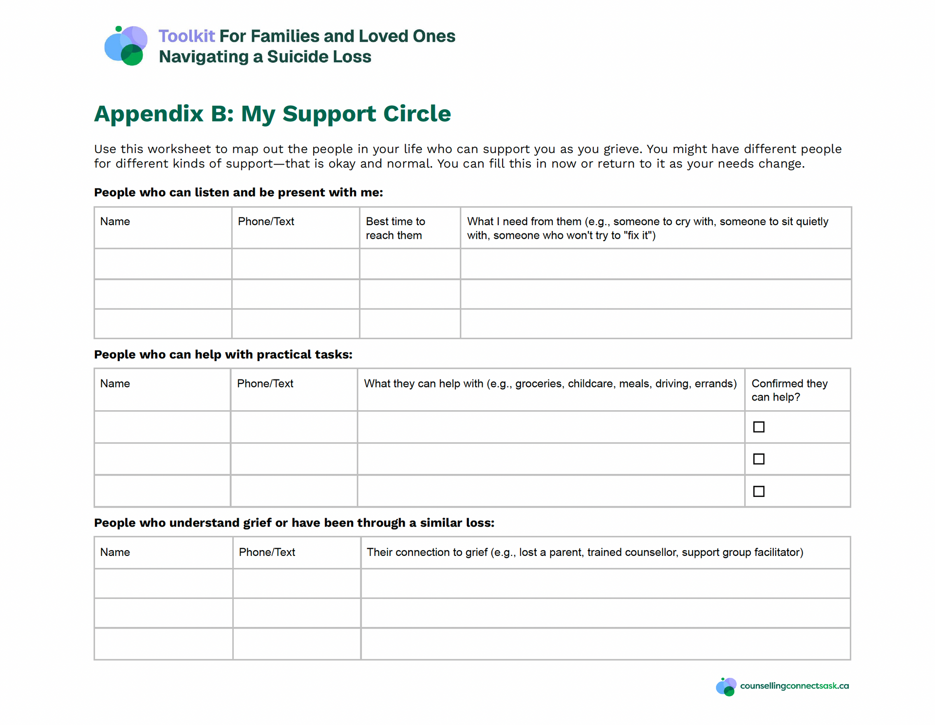 Form for family support circle with tables and checkboxes on a white page