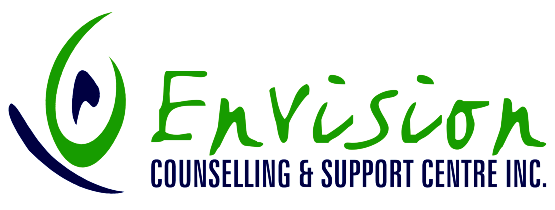 Envision Counselling & Support Centre logo in green, blue and black text with a stylized leaf figure