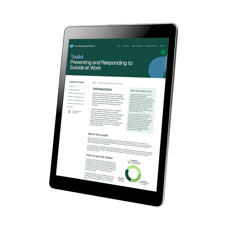 Tablet displaying a webpage about preventing and responding to suicide at work