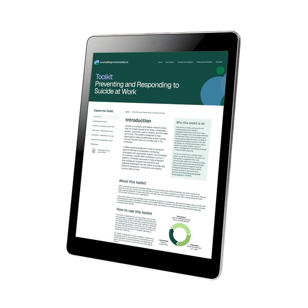 Tablet displaying a webpage about preventing and responding to suicide at work