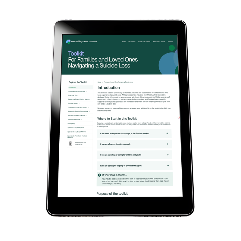 Black tablet displaying a webpage about navigating a suicide loss toolkit