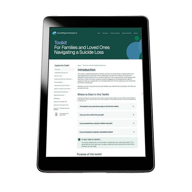 Tablet displaying a green-and-white article page about navigating a sudden loss