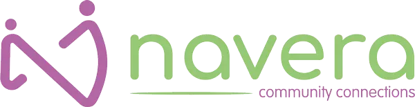 Navera logo with purple heart-like icon and green text, tagline “community connections” underneath