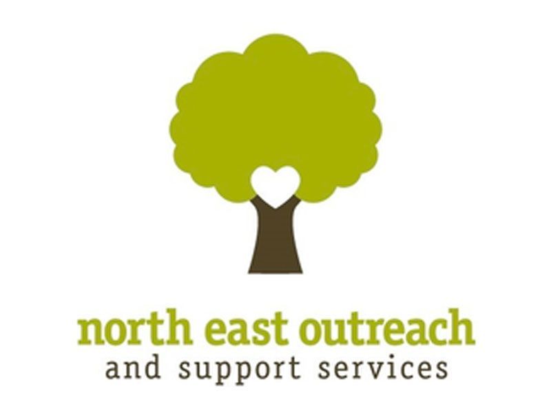 Logo with green tree and white heart above text “north east outreach and support services”
