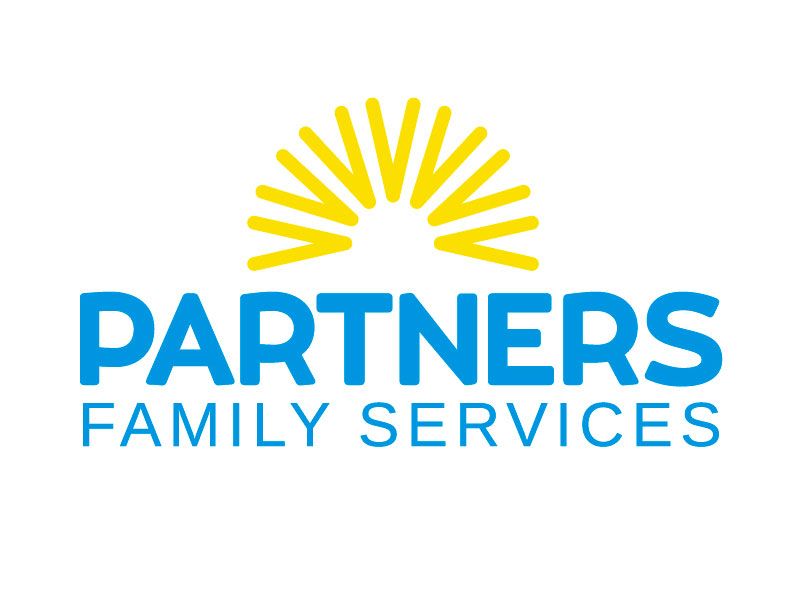 Partners Family Services logo with blue text and a yellow sunburst above it