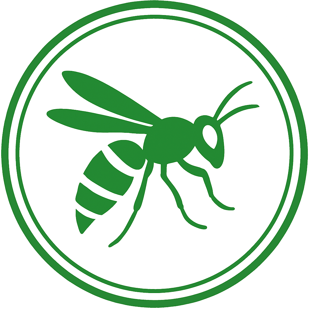 A green bee is in a green circle on a white background.