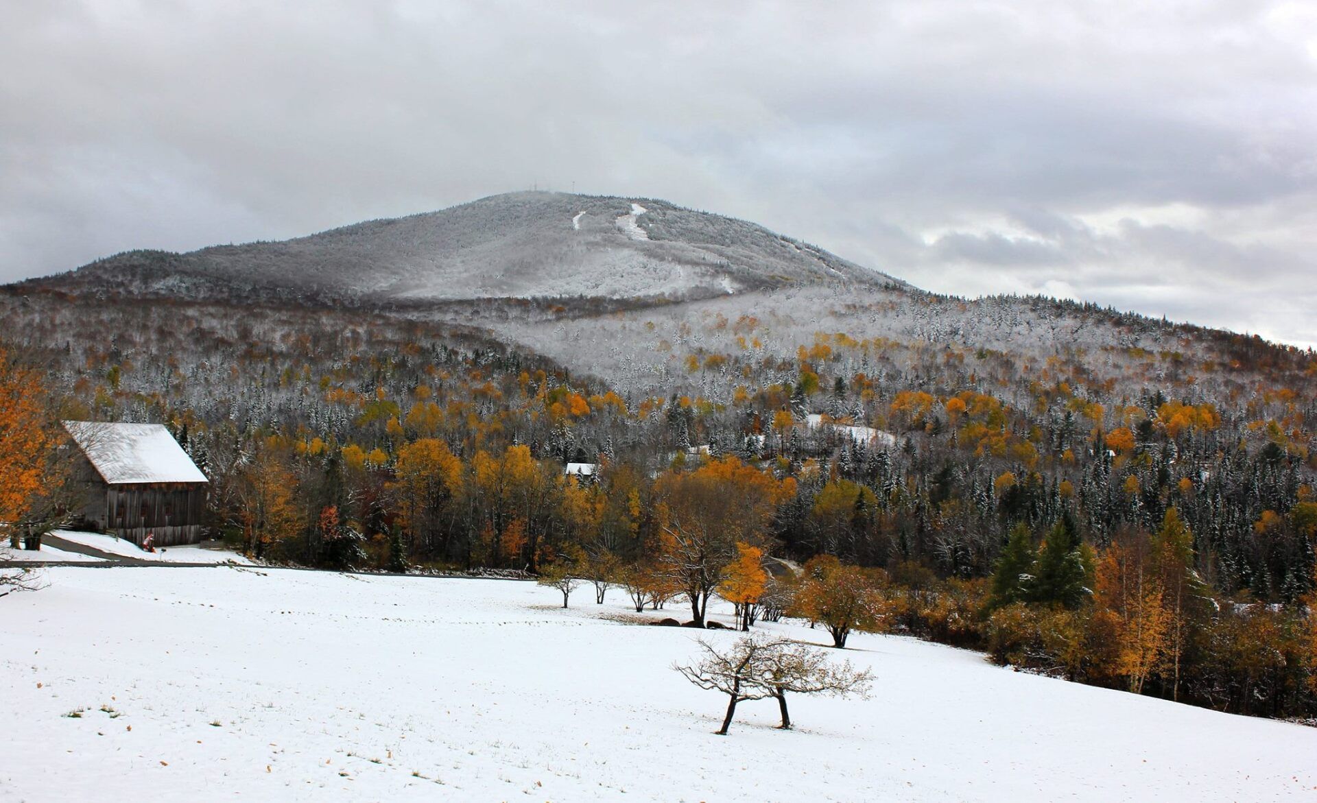 Burke Mountain covered in a thin blanket of fresh snow with fall trees showing through in Burke, Vermont