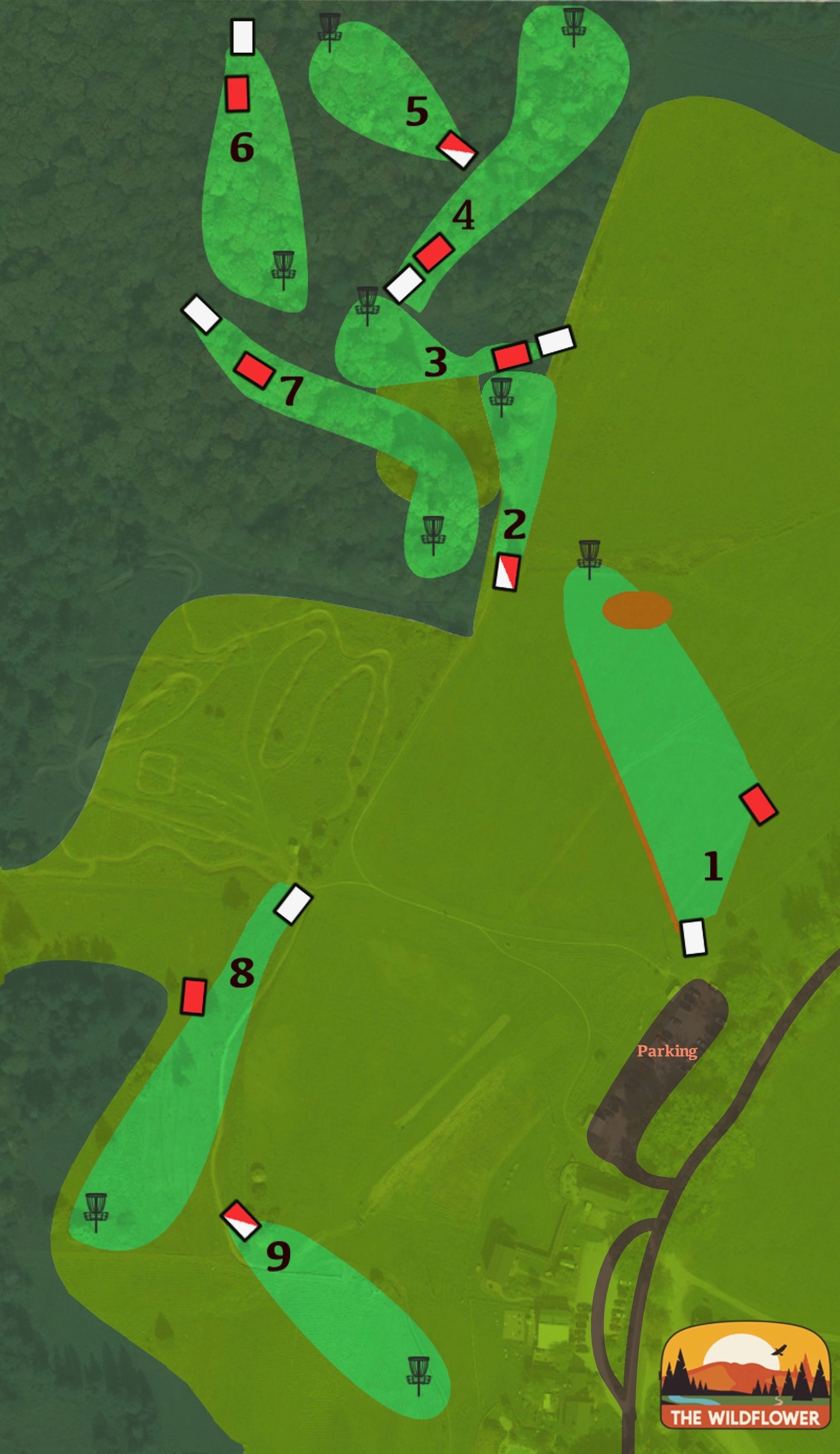 A map of a golf course with a sunset in the background