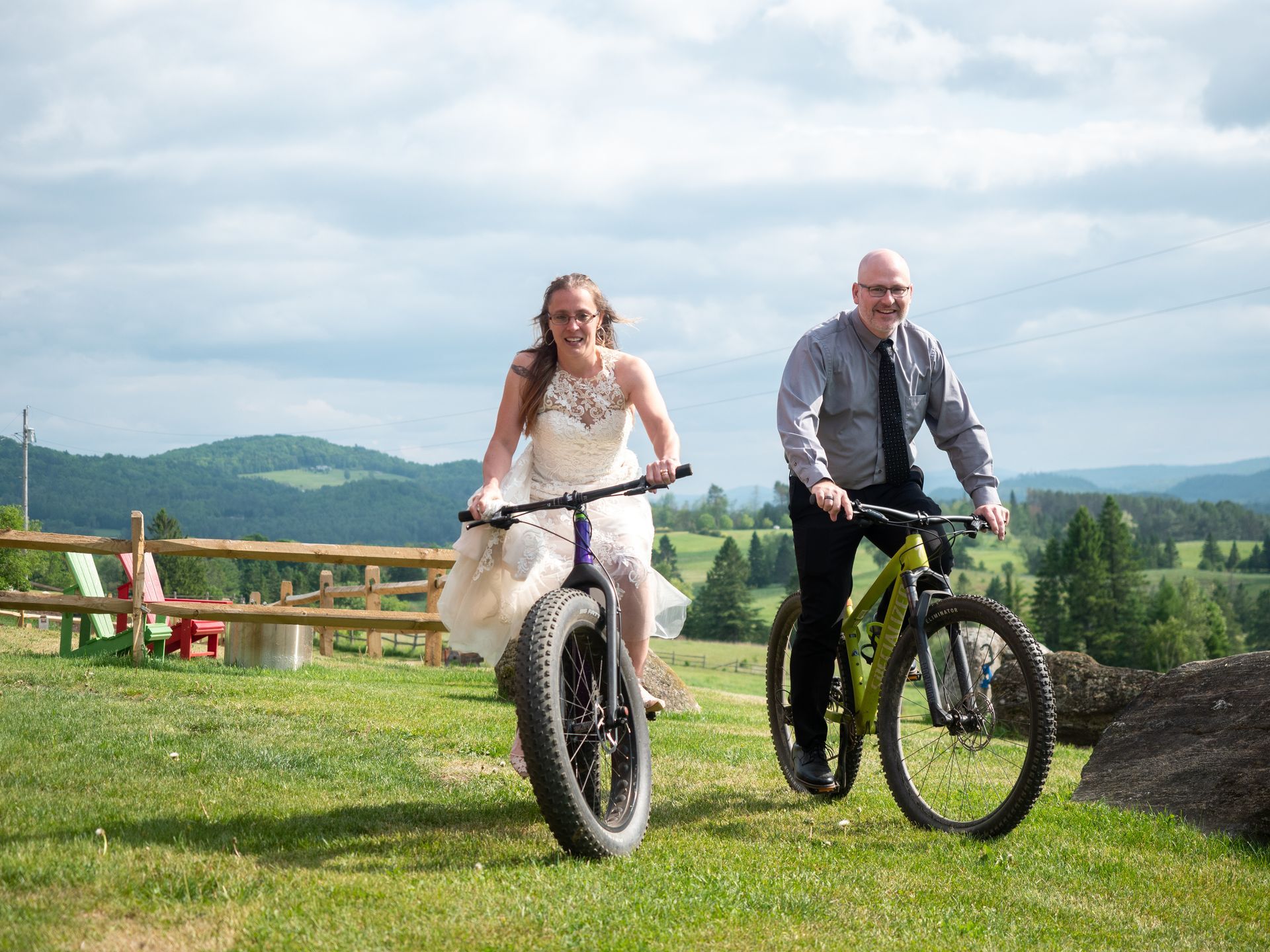 A newlywed couple riding fat tire bikes in Vermont
