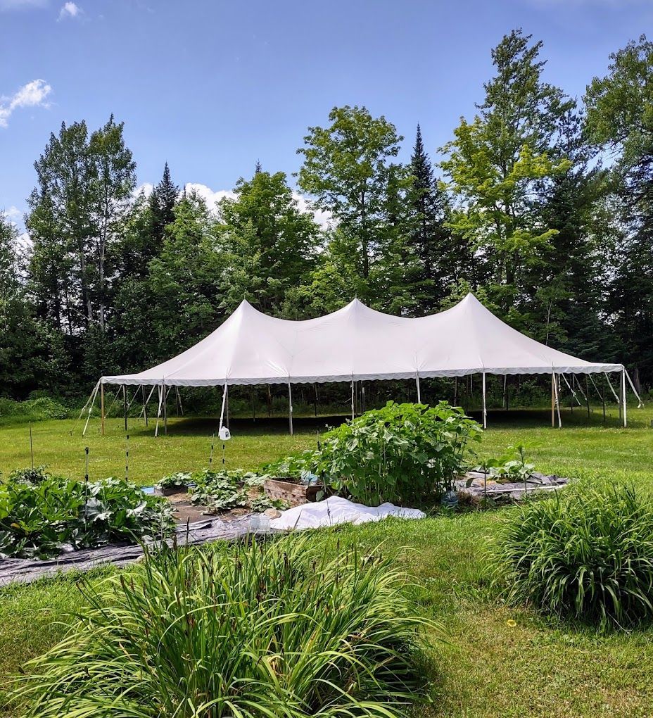 A party tent set up in a field at The Wildflower for a Wildflower hosted event in East Burke, Vermont