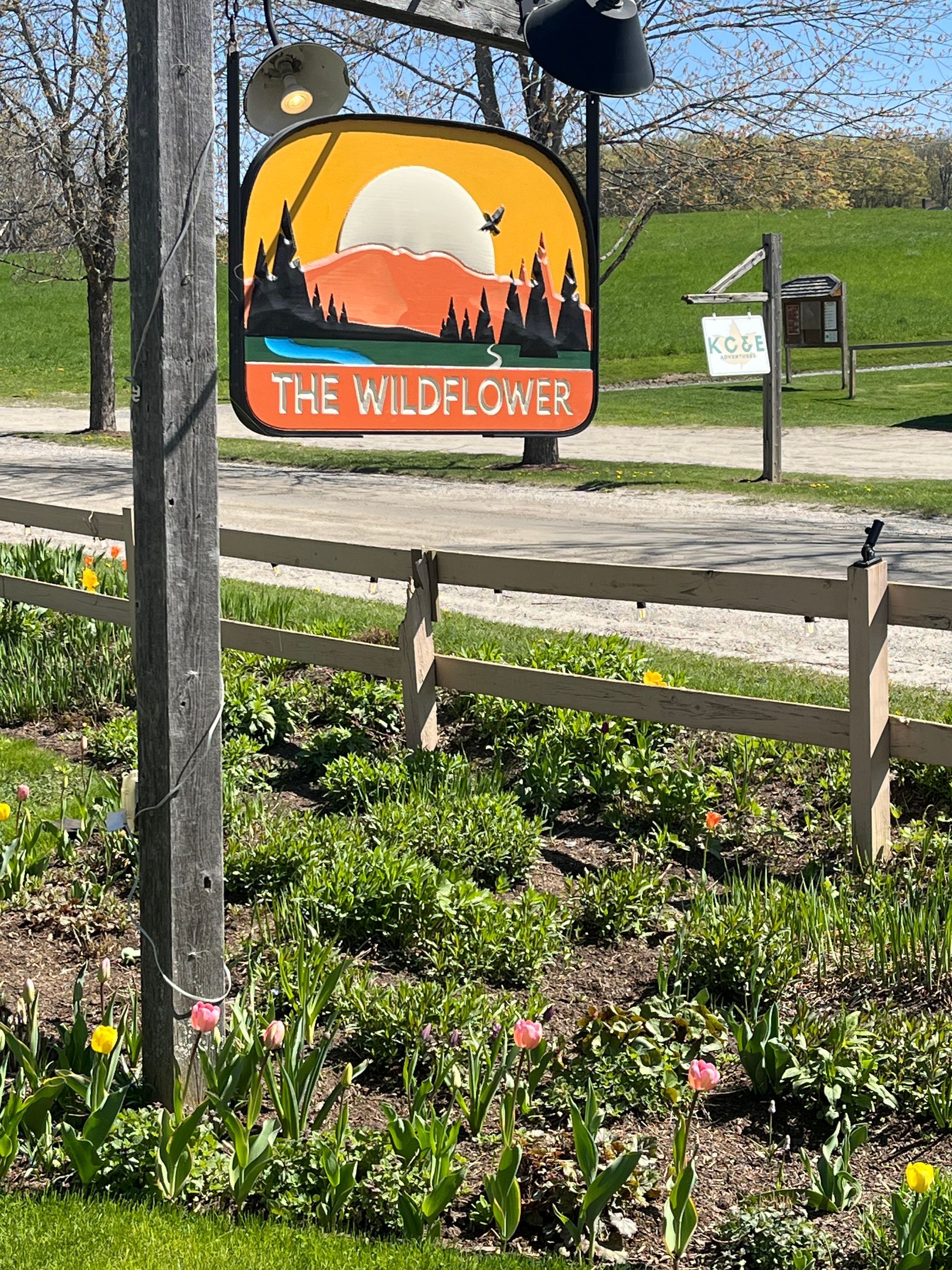 The Wildflower sign hanging in the garden with spring blooms  next to the dirt road