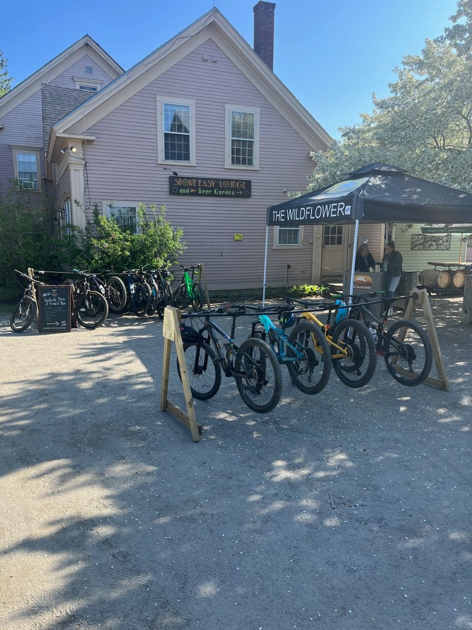 Mountain Bikes parked outside The Wildflower Restaurant and Bar, the trailside restaurant in Burke, Vermont