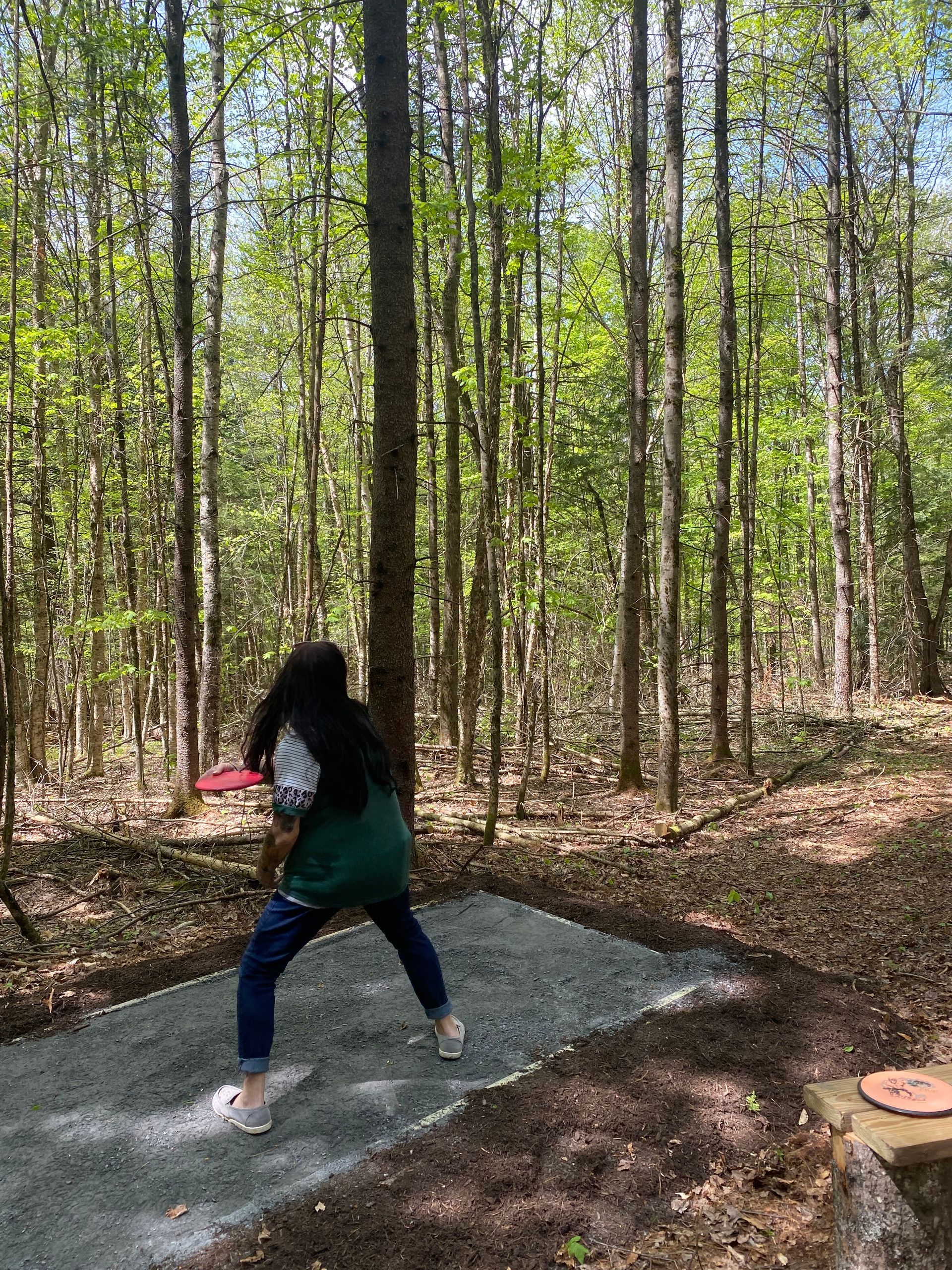 A person is throwing a frisbee in the woods at the Wildflower Inn in VT.