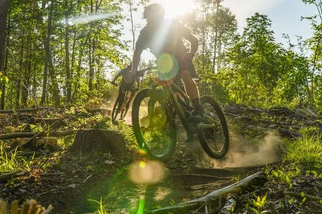 A man is riding a mountain bike on a trail in the woods.