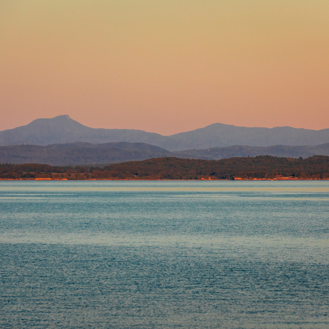 Lake Champlain in Vermont at sunset.